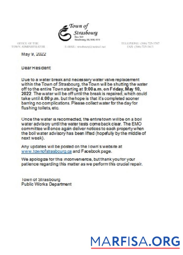 Realistic Canada Saskatchewan Town of Strasbourg water utility shut off notice example